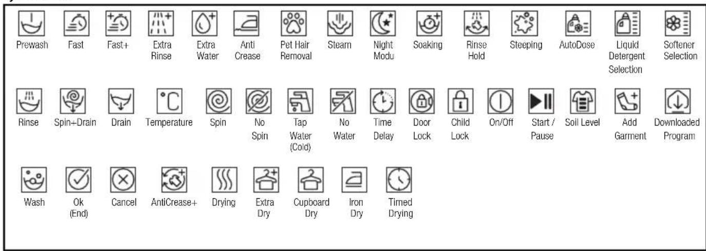 Prewash Fast Fast+ Extra Rinse Extra Water Anti Crease Pet Hair Removal Steam Night Modu Soaking Rinse Hold Steeping AutoDose Liquid Detergent Selection Softener Selection Rinse Spin+Drain Drain Temperature Spin No Spin Tap Water (Cold) No Water Time Delay Door Lock Child Lock On/Off Start / Pause Soil Level Add Garment Downloaded Program Wash Ok (End) Cancel AntiCrease+ Drying Extra Dry Cupboard Dry Iron Dry Timed Drying