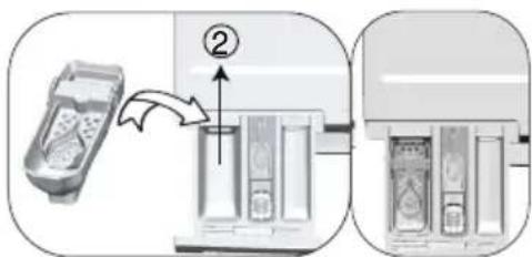 Diagram showing a device being inserted into a rack with labeled components, illustrating the process from top to bottom.