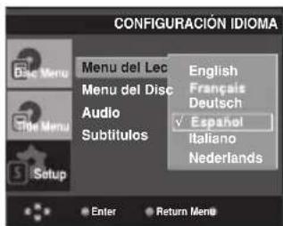 CONFIGURACIÓN IDIOMA Menu del Lec Menu del Disc Audio Subtitulos English Français Deutsch Español Italiano Nederlands Enter Return Men