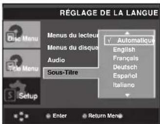 RÉGLAGE DE LA LANGUE Disc Menu Menu du lecteur Menus du disque Audio Sous-Titre Setup ✓ Automatique English Français Deutsch Español Italiano Enter Return Meni