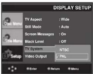 DISPLAY SETUP Doc Menu TV Aspect : Wide Still Mode : Auto Screen Messages : On Black Level : Off TV System NTSC Video Output PAL Setup Enter Return Menu