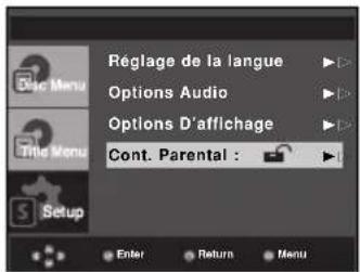 Réglage de la langue Options Audio Options D'affichage Cont. Parental : Enter Return Menu