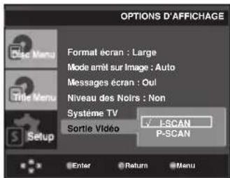 OPTIONS D'AFFICHAGE Disc Menu Format écran : Large Mode arrêt sur Image : Auto Messages écran : Oul Niveau des Noirs : Non Système TV Sortie Vidéo ISCAN P-SCAN Setup Enter Return Menu