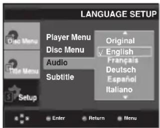 LANGUAGE SETUP Player Menu Original Disc Menu English Audio Français Title Menu Subtitle Deutsch Espanol Italiano Setup Enter Return Menu