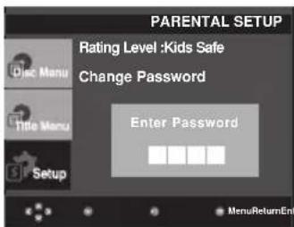 PARENTAL SETUP Rating Level :Kids Safe Change Password Enter Password MenuReturnEnt