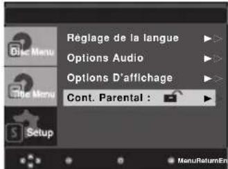 Règlage de la langue Options Audio Options D'afflochage Cont. Parental : Setup MenuReturnEn