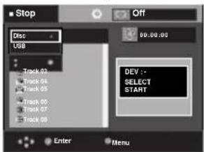 Stop Off Disc USB 00:00:00 Track 03 Track 04 Track 05 Track 06 Track 07 Track 08 DEV :- SELECT START Enter Menu