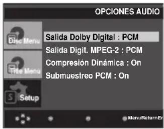 OPCIONES AUDIO Salida Dolby Digital : PCM Salida Digit. MPEG-2 : PCM Compresión Dinámica : On Submuestreo PCM : On