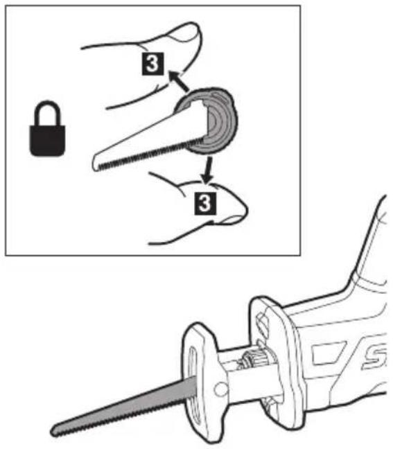 Diagram illustrating a tool being inserted into a saw, with labeled parts and a close-up of the tool's internal structure.
