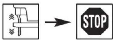 Diagram showing a mechanical device transforming into a stop sign, with directional arrow indicating process flow.