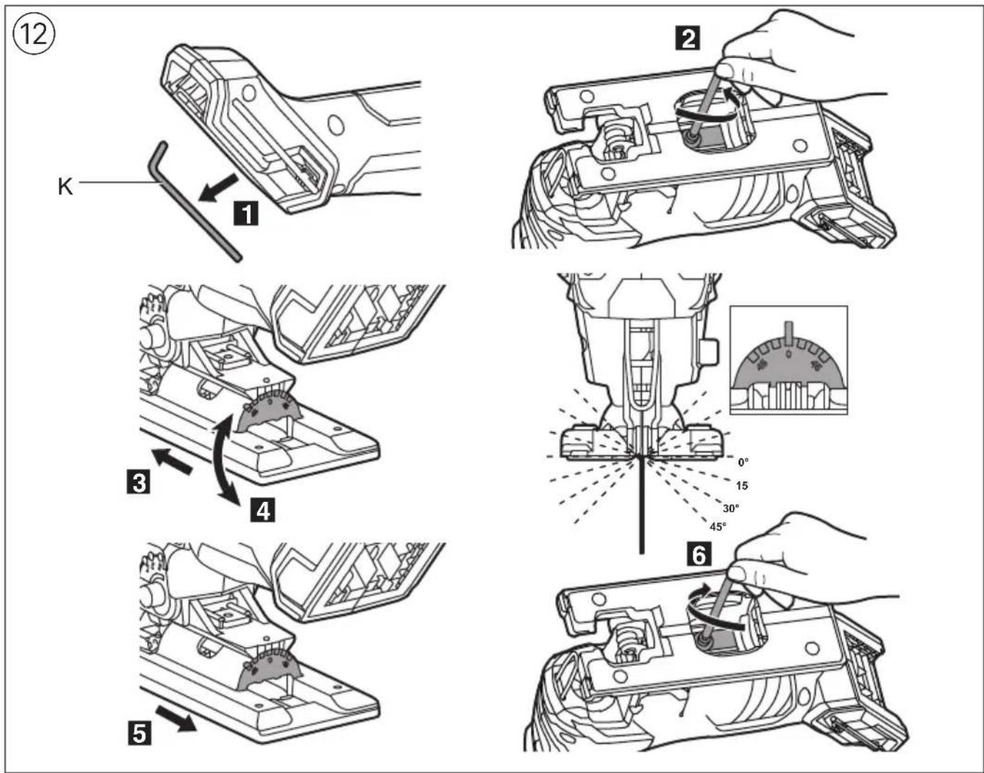 Technical diagram illustrating the step-by-step installation of a mechanical component, labeled with numbered steps and angular measurements.