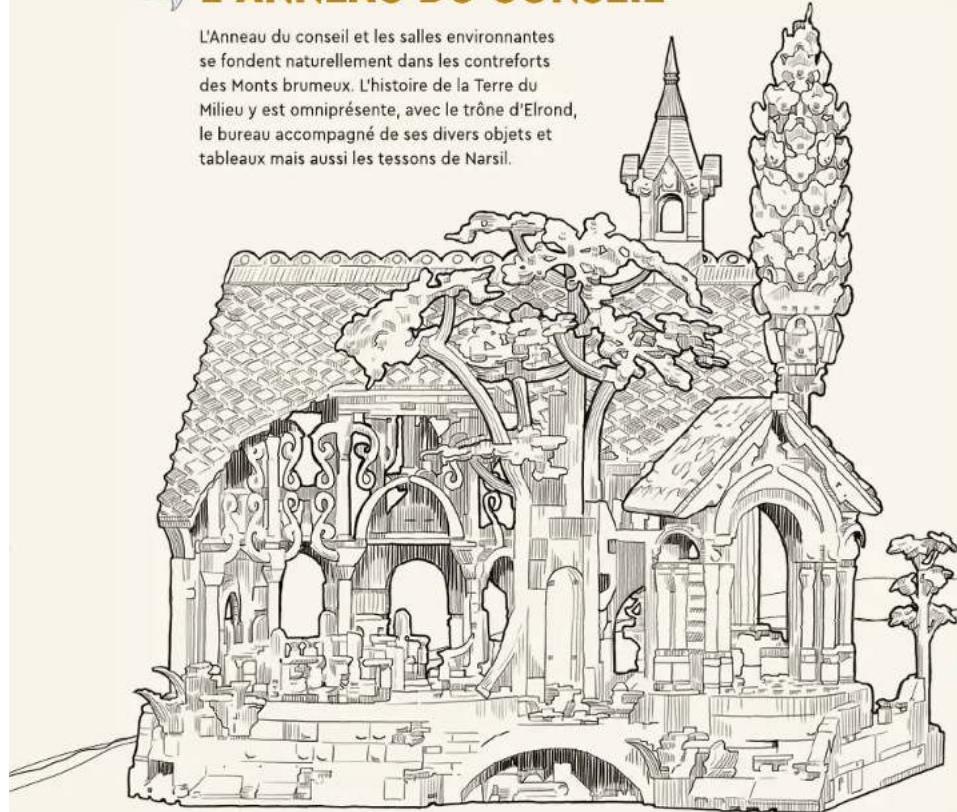 L'Anneau du conseil et les salles environnantes se fondent naturellement dans les contreforts des Monts brumeux. L'histoire de la Terre du Milieu y est omniprésente, avec le trône d'Elrond, le bureau accompagné de ses divers objets et tableaux mais aussi les tessons de Narsil.