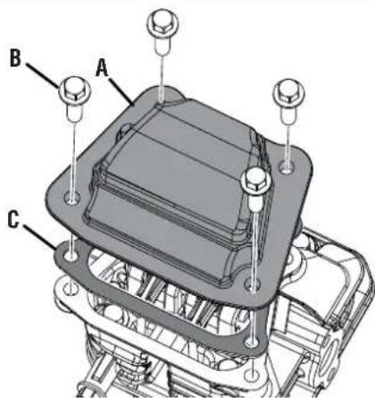 Technical diagram of a mechanical assembly with labeled parts A, B, and C