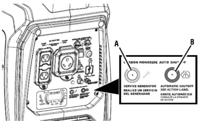 A B CARBON MONOXIDE AUTO SHUTOFF SERVICE GENERATOR REALICE UN SERVICIO DEL GENERADOR AUTOMATIC SHUTOFF SEE ACTION LABEL CORTE AUTOMÁTICO COMBUSTE LA ETHIETA DE ACCIÓN