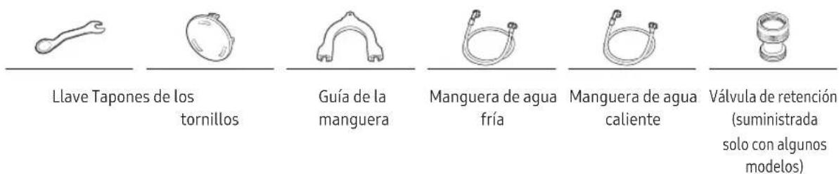 Llave Tapones de los tornillos Guía de la manguera Manguera de agua fría Manguera de agua caliente Válvula de retención (suministrada solo con algunos modelos)