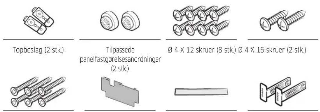Topbeslag (2 stk.) Tilpassede panelfastgørelsesanordninger (2 stk.) Ø 4 X 12 skruer (8 stk.) Ø 4 X 16 skruer (2 stk.)