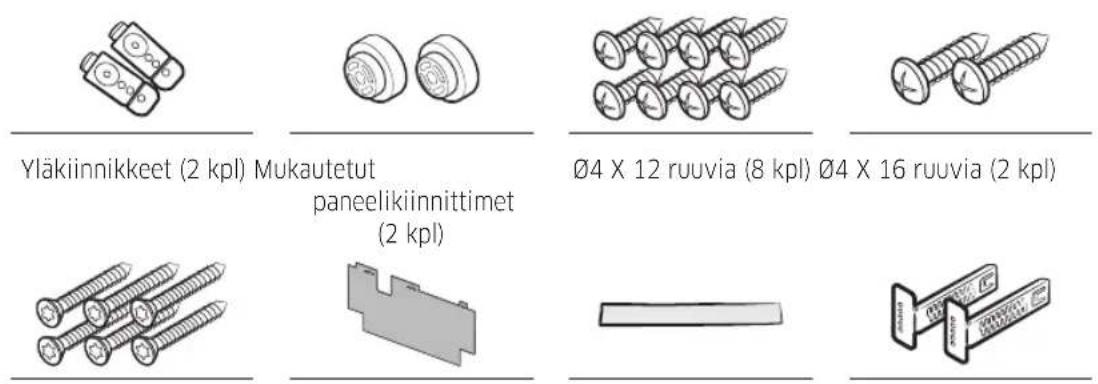 Yläkiinnikkeet (2 kpl) Mukautetut paneelikiinnittimet (2 kpl) Ø4 X 12 ruuvia (8 kpl) Ø4 X 16 ruuvia (2 kpl)