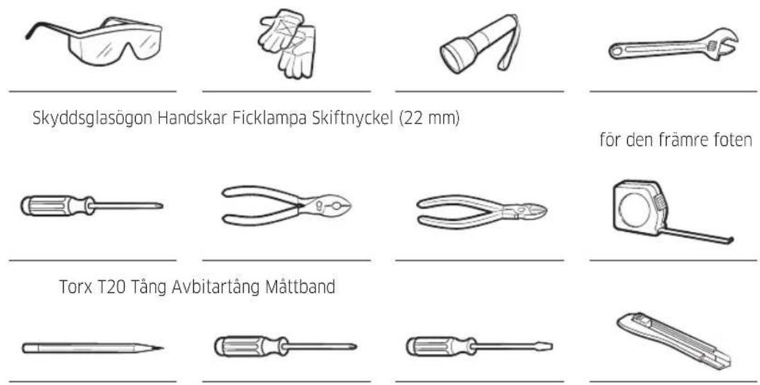 Skyddsglasögon Handskar Ficklampa Skiftnyckel (22 mm) för den främre foten Torx T20 Tång Avbitartång Måttband