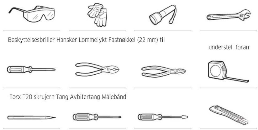 Beskyttelsesbriller Hansker Lommelykt Fastnøkkel (22 mm) til understell foran Torx T20 skrujern Tang Avbitertang Målebånd