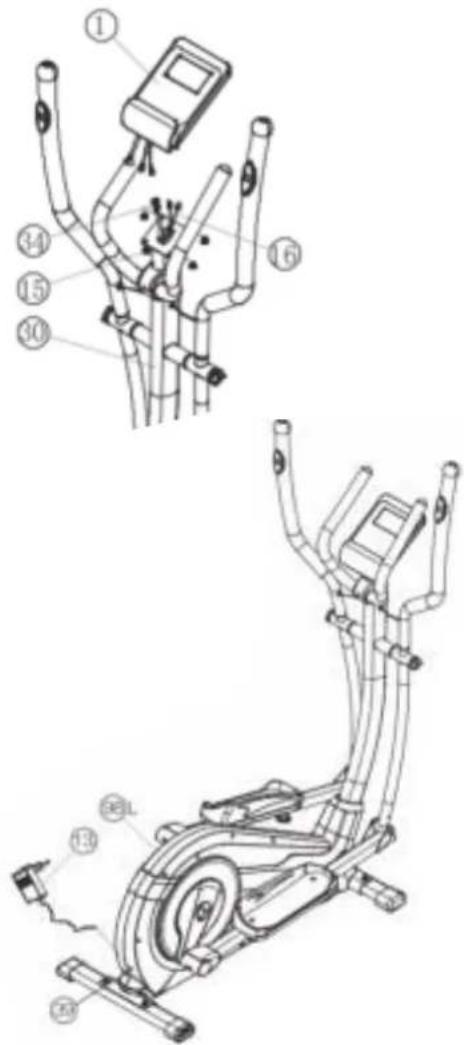 Technical diagram of an exercise bike with numbered components and labeled parts