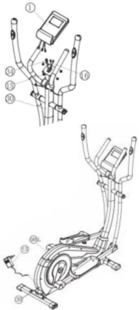 Technical diagram of an exercise bike with numbered components and labeled parts