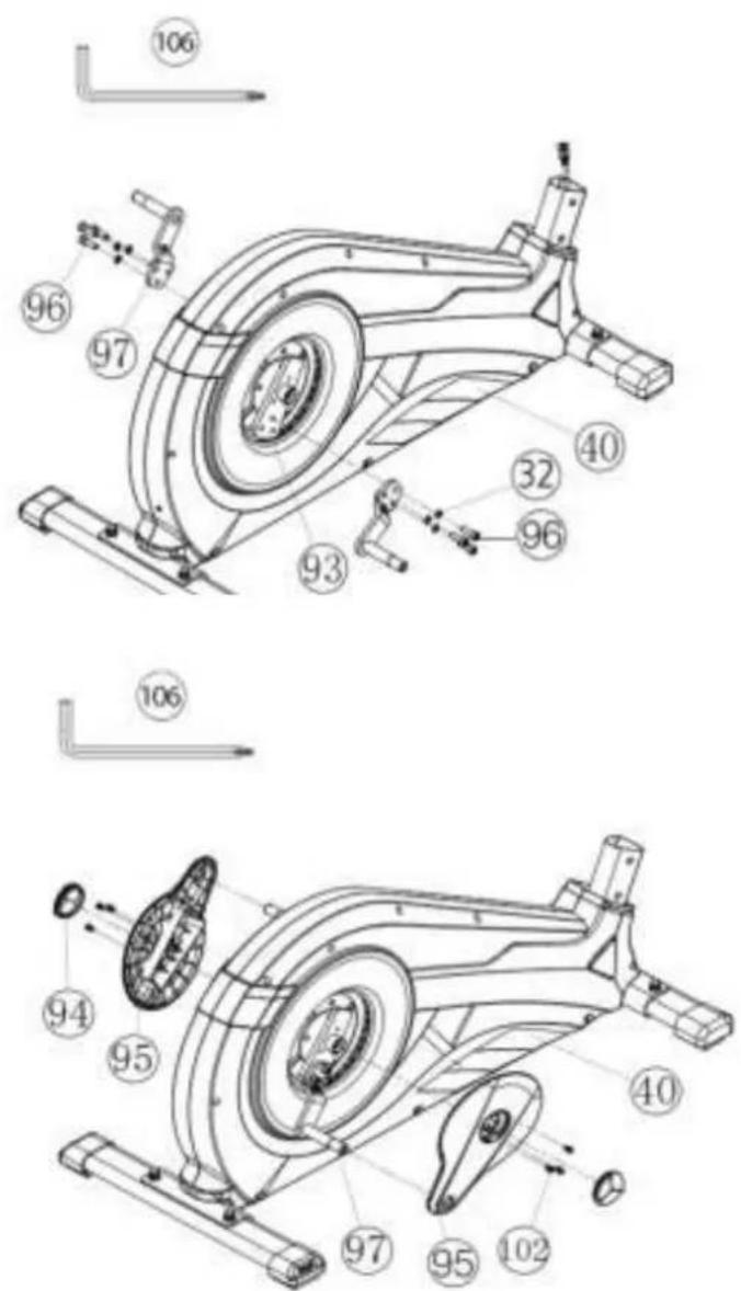 Technical diagram of a stationary exercise machine with numbered components and assembly lines