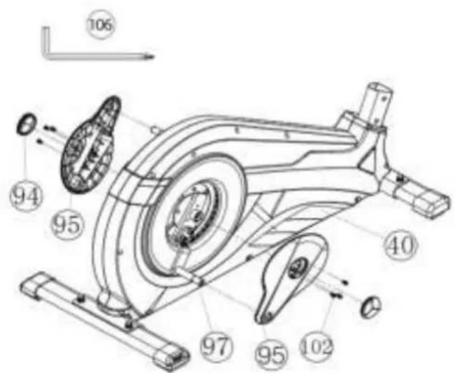 Technical diagram of a stationary exercise machine with numbered components and directional arrow