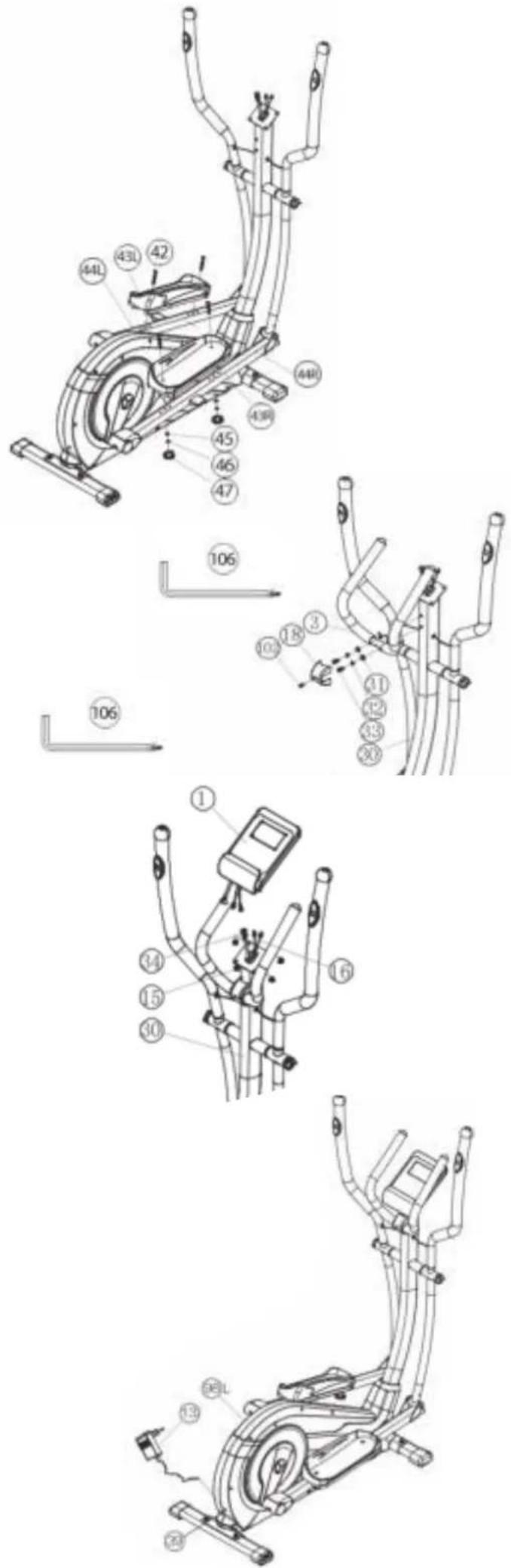 Technical diagram of a stationary exercise bike with numbered components and instructional arrows indicating assembly steps.