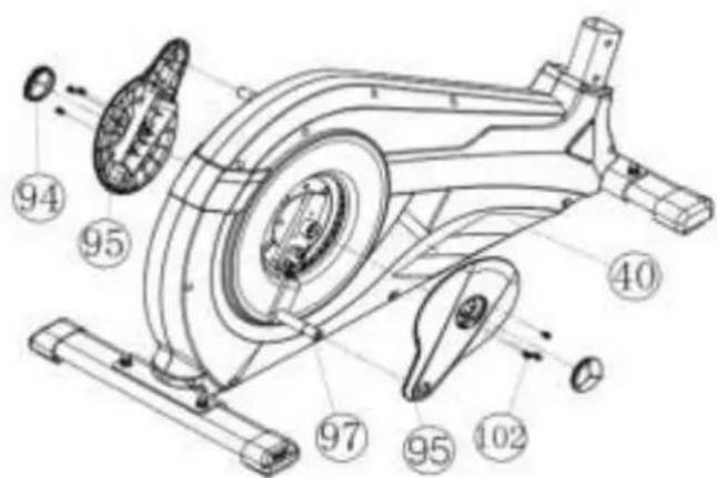 Technical diagram of a stationary exercise machine with numbered components and directional arrows indicating motion or assembly.