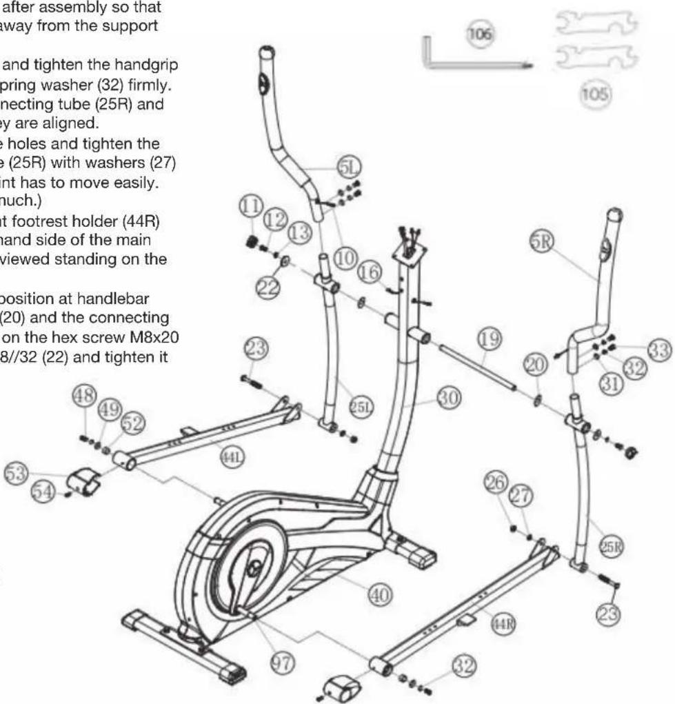 after assembly so that way from the support and tighten the handgrip oring washer (32) firmly. necting tube (25R) and y are aligned. holes and tighten the (25R) with washers (27) nt has to move easily. much.) footrest holder (44R) and side of the main viewed standing on the position at handlebar (20) and the connecting on the hex screw M8x20 8//32 (22) and tighten it