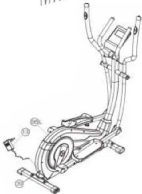 Technical diagram of an exercise bike with numbered components and labeled parts