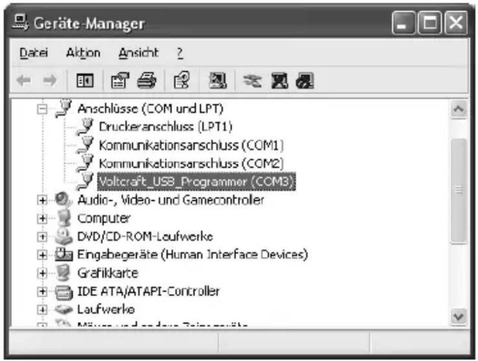 Geräte-Manager Datei Aktion Ansicht ? Anschlüsse (COM und LPT) Druckeranschluss (LPT1) Kommunikationsanschluss (COM1) Kommunikationsanschluss (COM2) Voltcraft_USB Programmer (CCM3) Audio-, Video- und Gamecontroller Computer DVD/CD-ROM-Laufwerke Eingabegeräte (Human Interface Devices) Grafikkarte IDE ATA/ATAPI-Controller Laufwerke