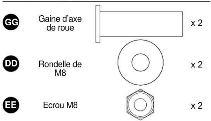 GG Gaine d'axe de roue x 2 DD Rondelle de M8 x 2 EE Ecrou M8 x 2