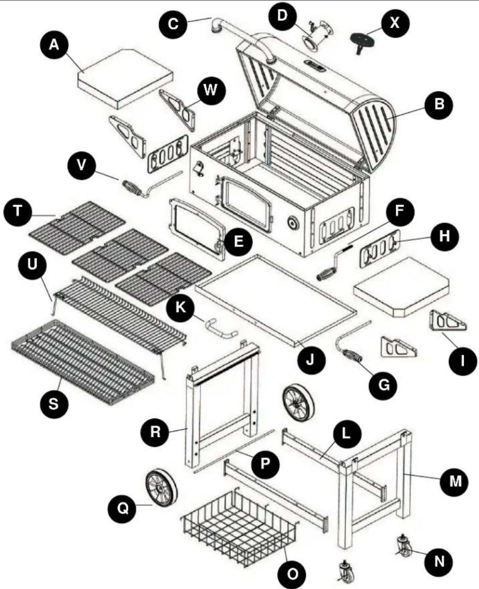 Exploded view diagram of a portable stove with labeled components for identification