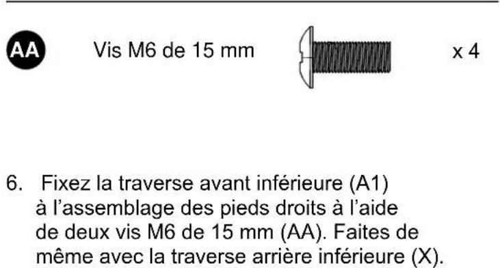 AA Vis M6 de 15 mm x 4 6. Fixez la traverse avant inférieure (A1) à l'assemblage des pieds droits à l'aide de deux vis M6 de 15 mm (AA). Faites de même avec la traverse arrière inférieure (X).