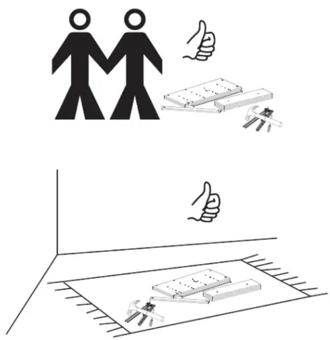 Illustration showing two human figures shaking hands with thumbs-up and a floor plan with tools and materials, indicating workplace or operational activities.