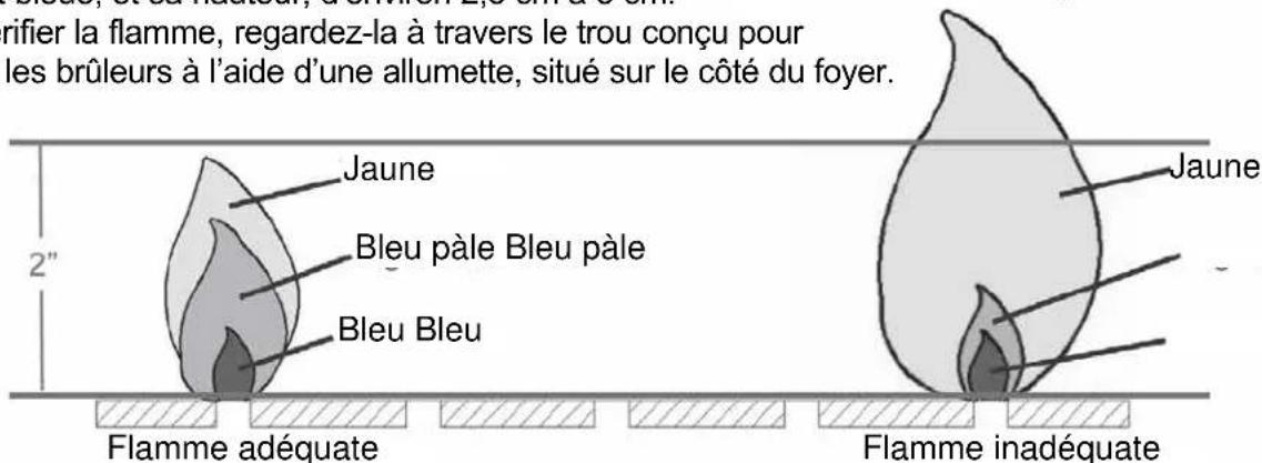 rifier la flamme, regardez-la à travers le trou conçu pour les brûleurs à l'aide d'une allumette, situé sur le côté du foyer. Jaune Bleu pâle Bleu pâle Bleu Bleu Flamme adéquate Jaune Flamme inadéquate