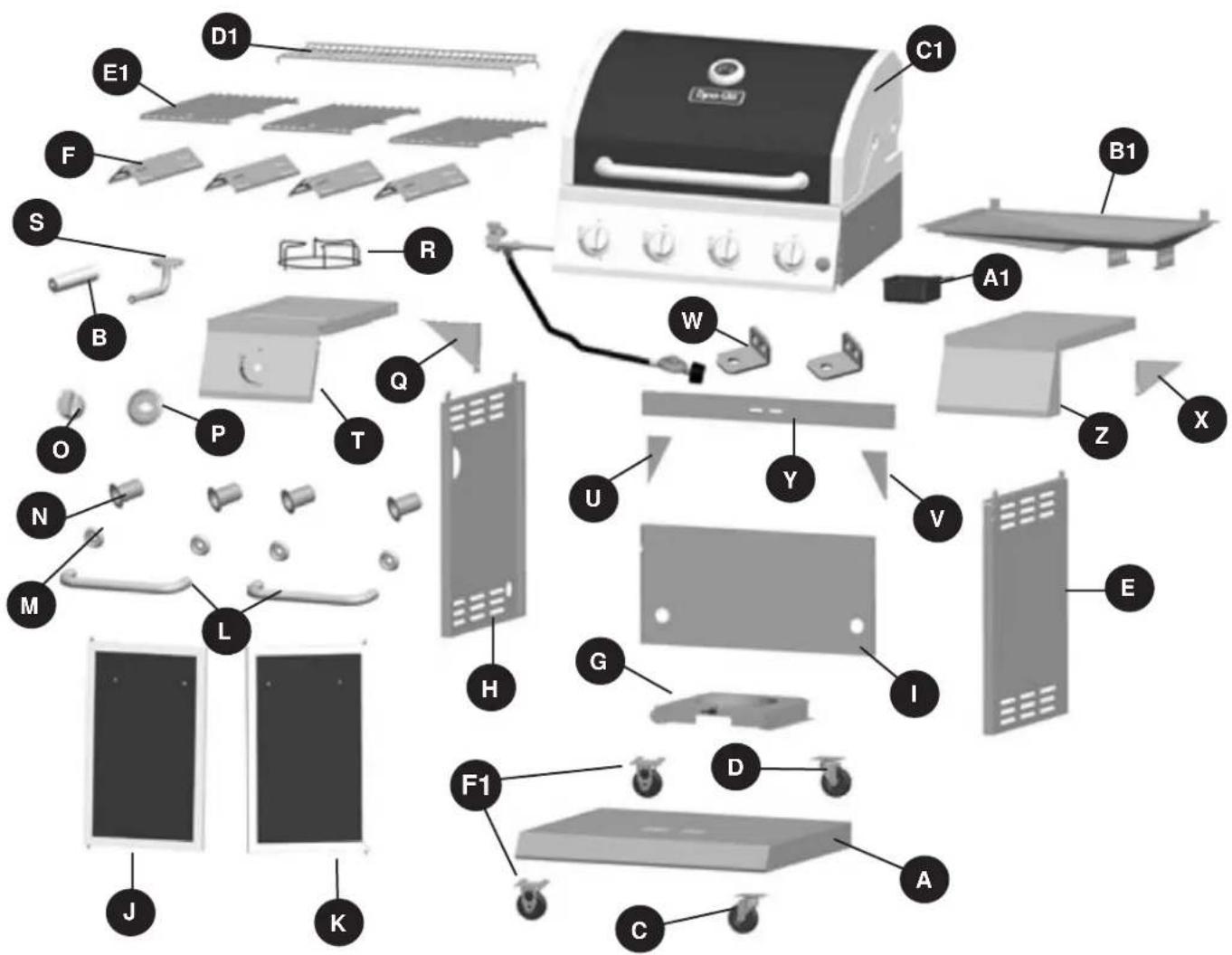 Exploded view diagram of a gas stove with labeled components and parts