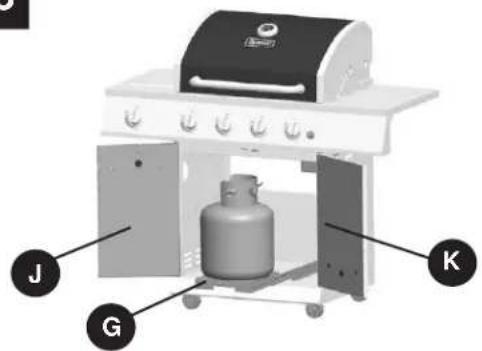 Diagram of a gas stove with labeled components including heater, cylinder, and doors
