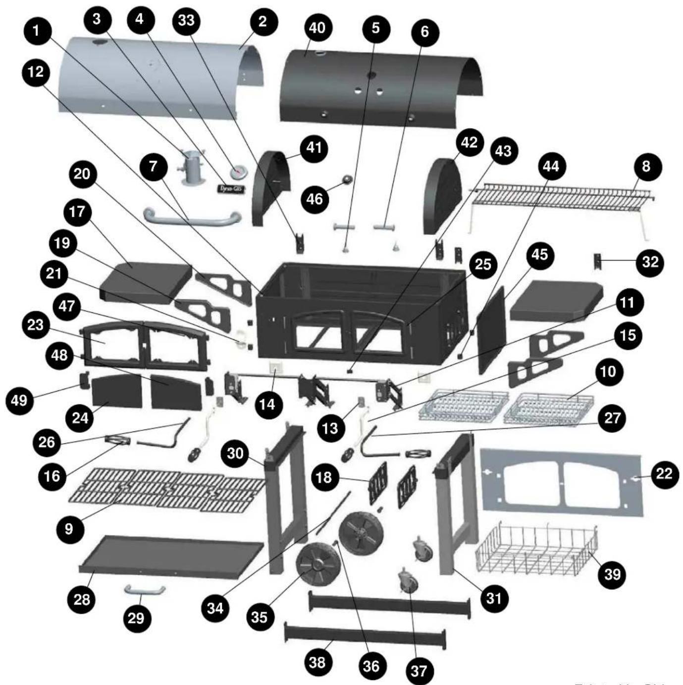 Exploded view diagram of a car body with numbered parts for identification