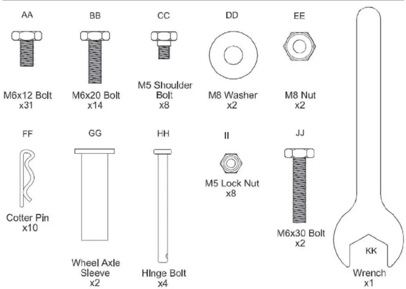 AA M6x12 Bolt x31 BB M6x20 Bolt x14 CC M5 Shoulder Bolt x8 DD M8 Washer x2 EE M8 Nut x2 FF Cotter Pin x10 GG Wheel Axle Sleeve x2 HH HInge Bolt x4 II M5 Lock Nut x8 JJ M6x30 Bolt x2 KK Wrench x1