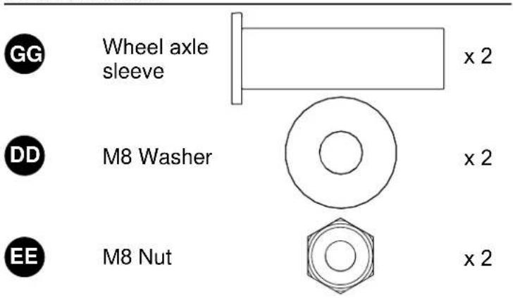 GG Wheel axle sleeve x 2 DD M8 Washer x 2 EE M8 Nut x 2