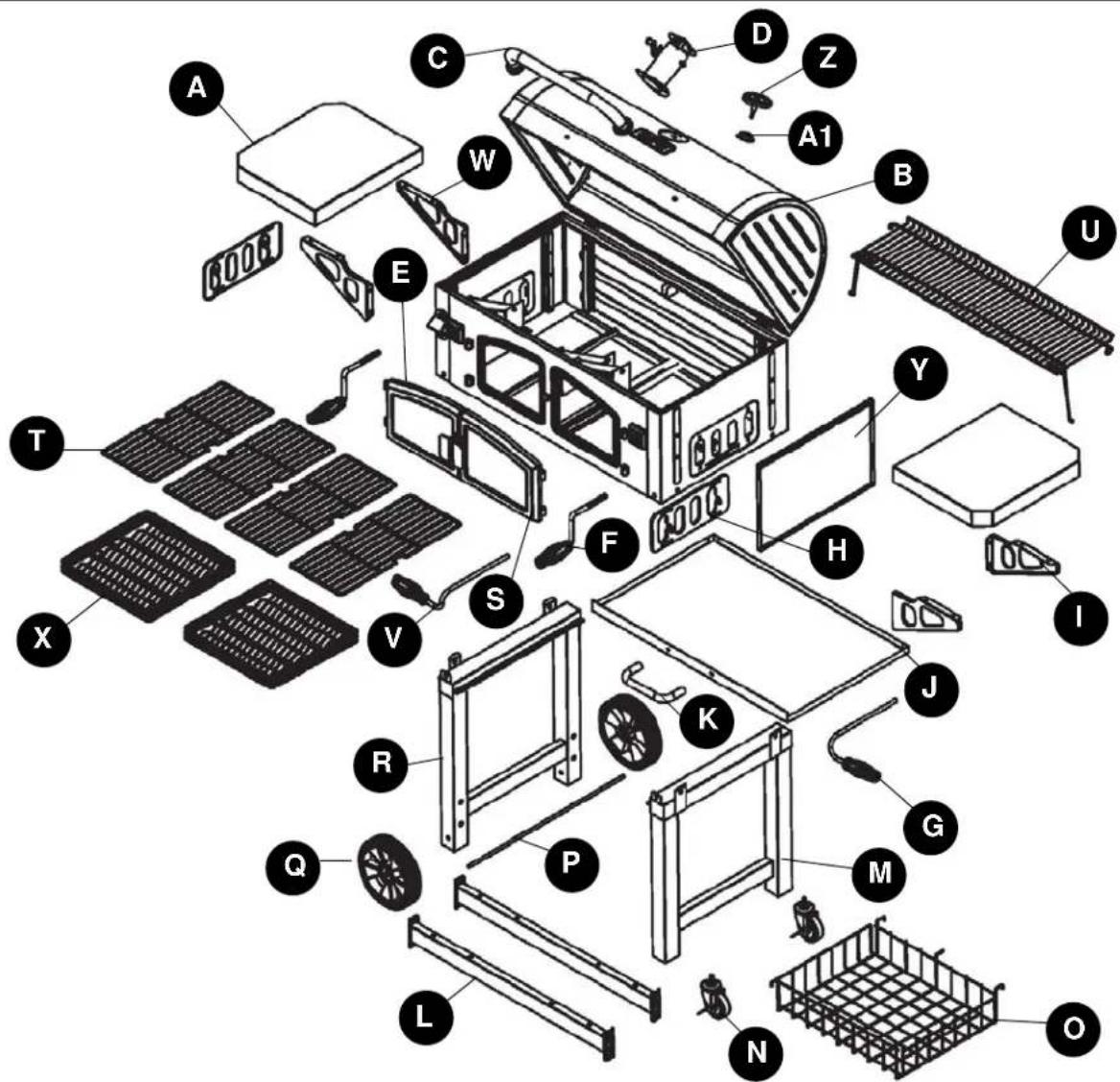 Exploded view diagram of a household appliance with labeled parts from main frame to exterior panel