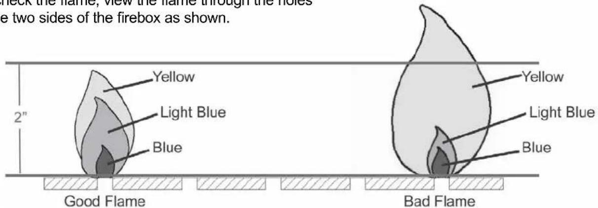 Book the flame, view the flame through the holes the two sides of the firebox as shown. Yellow Light Blue Blue 2" Good Flame Bad Flame Yellow Light Blue Blue