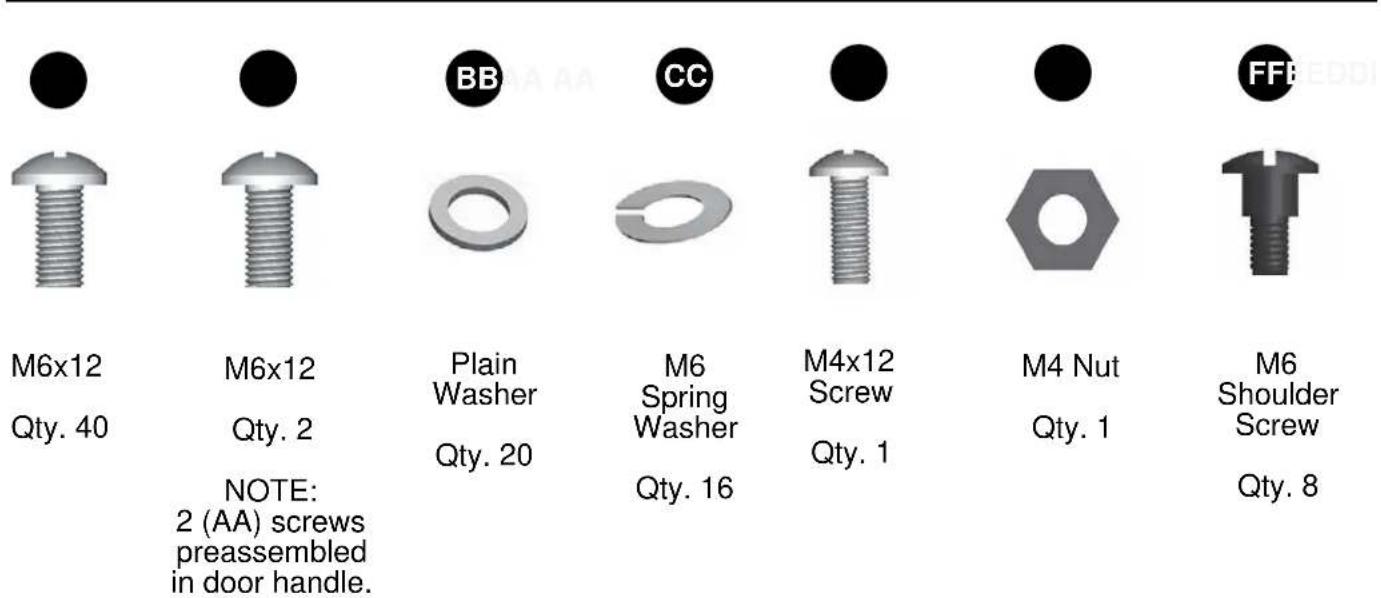 M6x12 Qty. 40 M6x12 Qty. 2 NOTE: 2 (AA) screws preassembled in door handle. BB Plain Washer Qty. 20 CC M6 Spring Washer Qty. 16 M4x12 Screw Qty. 1 M4 Nut Qty. 1 M6 Shoulder Screw Qty. 8