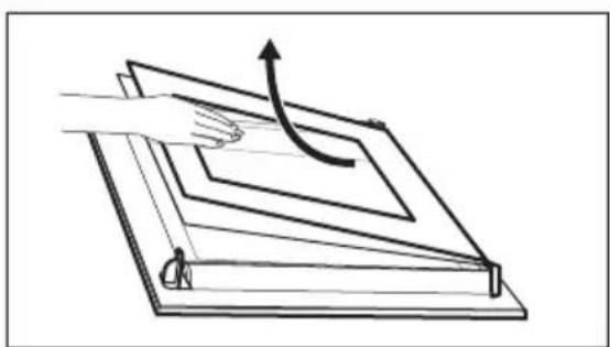 Diagram of a hand pressing down an upward arrow on a layered document or sheet (no text or symbols)