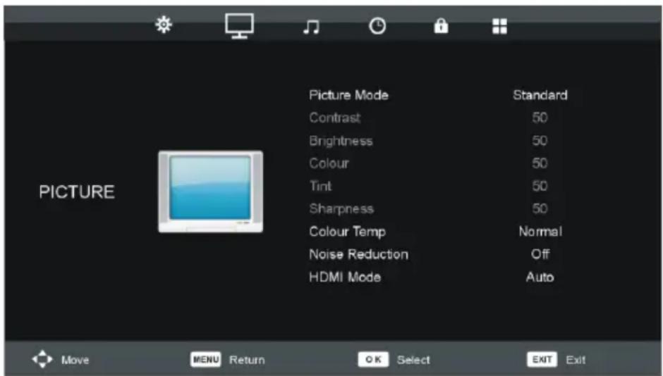 Picture Mode Contrast Brightness Colour Tint Sharpness Colour Temp Noise Reduction HDMI Mode Standard 50 50 50 50 Normal Off Auto Move MENU Return OK Select EXIT Exit