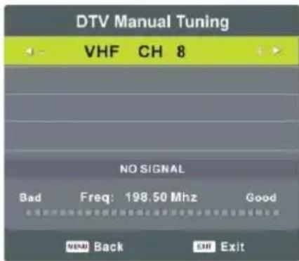 DTV Manual Tuning VHF CH 8 NO SIGNAL Bad Freq: 198.50 Mhz Good NEW Back Exit Exit