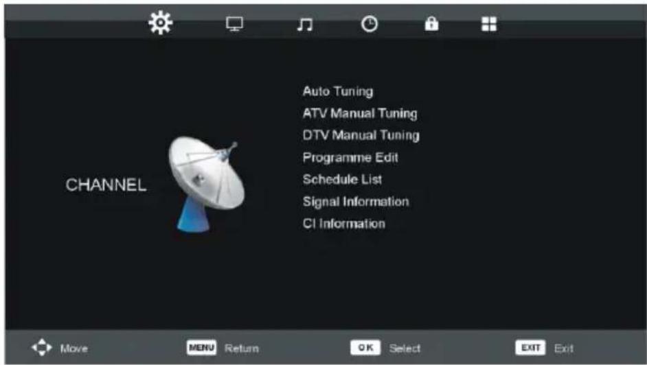 Auto Tuning ATV Manual Tuning DTV Manual Tuning Programme Edit Schedule List Signal Information CI Information CHANNEL Move MENU Return OK Select EXIT Exit