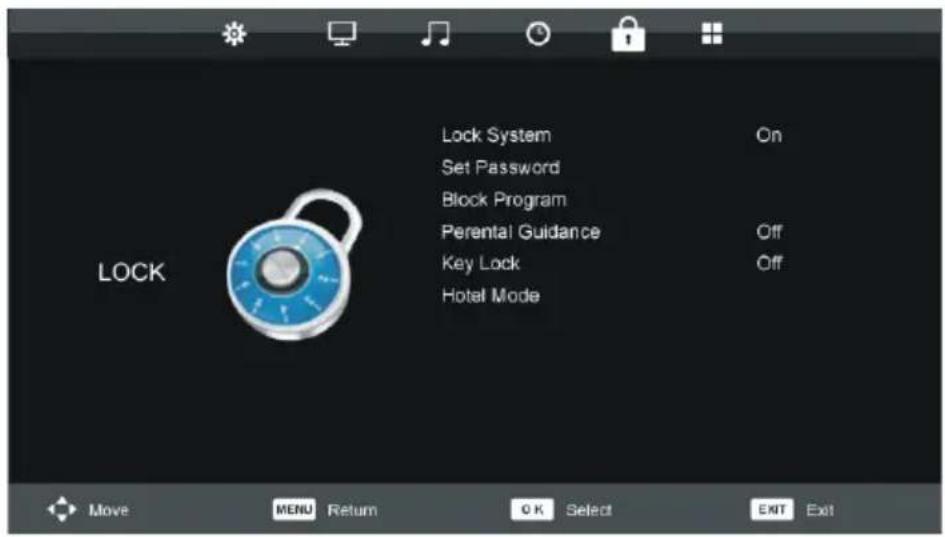 Lock System Set Password Block Program Perennial Guidance Key Lock Hotel Mode On Off Off Move MENU Return OK Select EXIT Exit